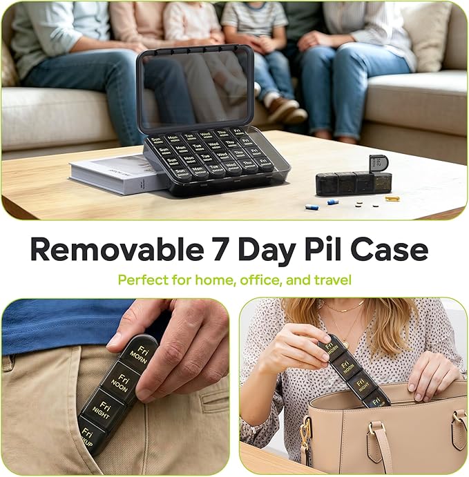 Daviky Pill Organizer 4 Times a Day - Pill Box 7 Day, Weekly Medicine Pill Organizer for Travel with Removable Containers, Pill Case to Hold Daily Vitamins, Supplements and Medication (All Black)
