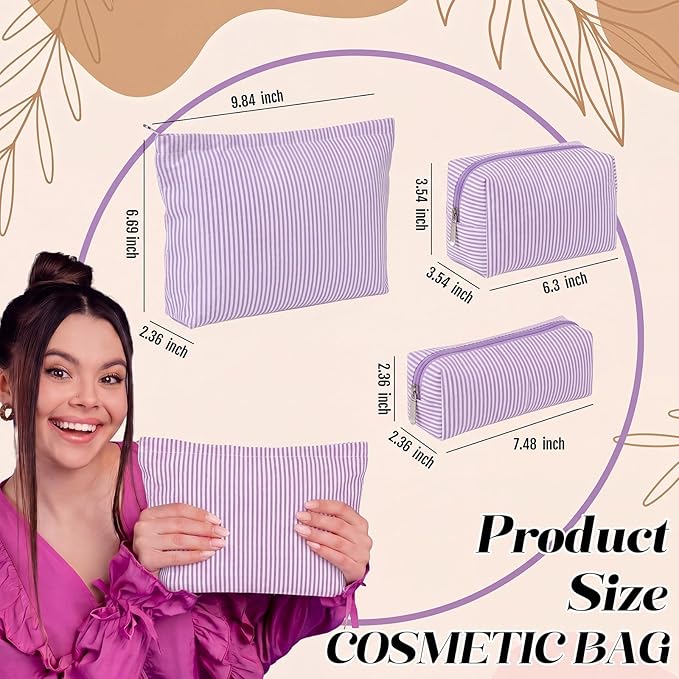 Huhumy 3 Pcs Makeup Bag Set Cute Stripe Cosmetic Pouch for Women Aesthetic Seersucker Travel Toiletry Bag Set Preppy Small Makeup Purse Pouch Cosmetic Organizer Pencil Case with Zipper(Purple)