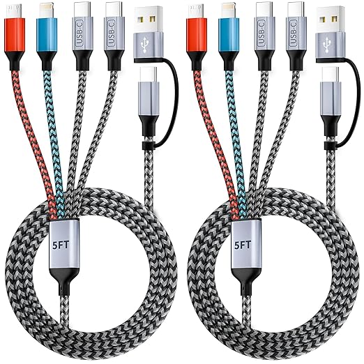 4 in 2 Multi Charging Cable, USB C Cable with Dual Type-C/IP/Micro USB, USB C to USB A Cable, Phone Charger Cord for iPhone 17/16/15/14, Galaxy, Android Tablet Pad (2Pack 5FT)