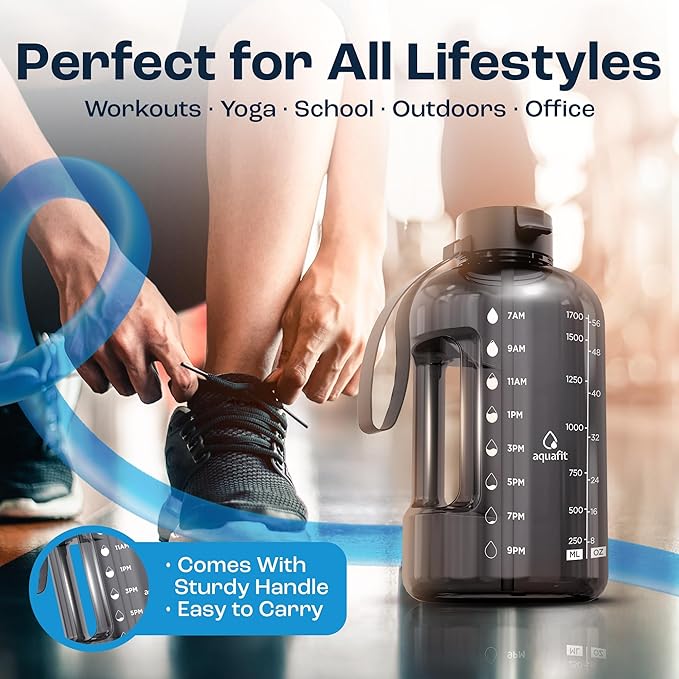 AQUAFIT 64 oz Water Bottle with Time Marker - Straw & Chug Lid - BPA Free Half Gallon Gym Water Bottle with Handle - Big Gallon Jug (Clarity, 64 Ounces)