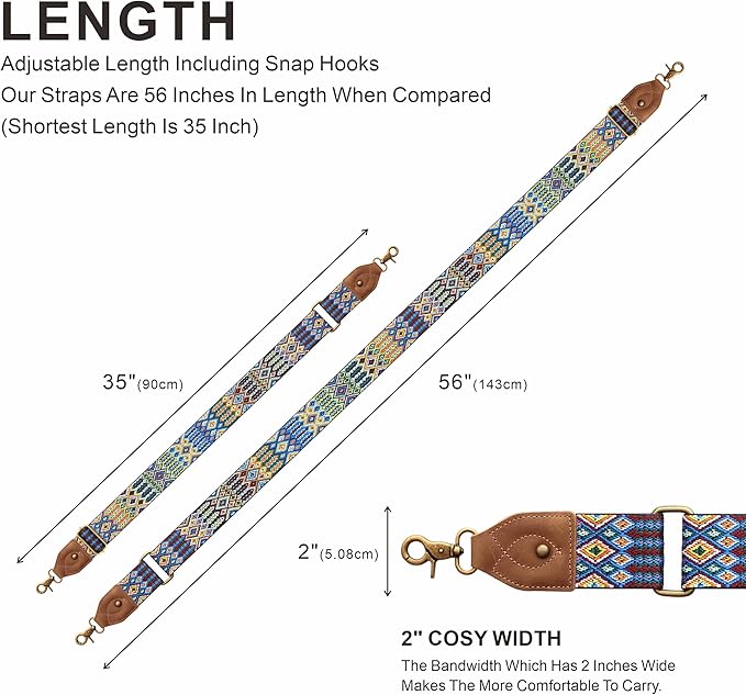 Nefelibata Purse Strap-2"Crazy Horse Leather Bag Strap Adjustable Replacement,Retro Jacquard Embroidery Crossbody Straps