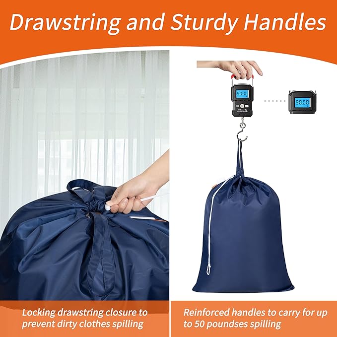Polecasa Extra Heavy-Duty Laundry Bag 28x36”- Machine Washable Large Storage Bag with Reinforced Handles & Drawstring Closure & ID Tag for College Dorm Travel - Navy