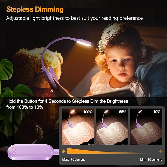 Gritin 16 LED Rechargeable Book Light for Reading in Bed- Eye Caring 3 Color Temperatures, Stepless Dimming Brightness, 80 Hrs Runtime, Lightweight Flexible Clip on Light for Book Lovers-Purple