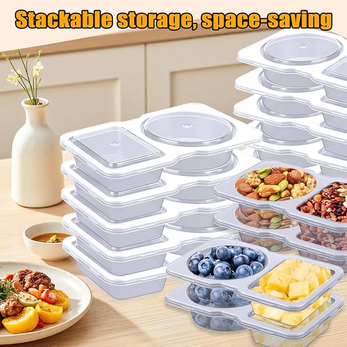 20 Pack Reusable Snack Containers with Lids - Double Compartment Condiment Snack Pack Containers with 20 Forks, Microwave Safe Portion Control Containers for Meal Prep, Take-out, Party & Travel