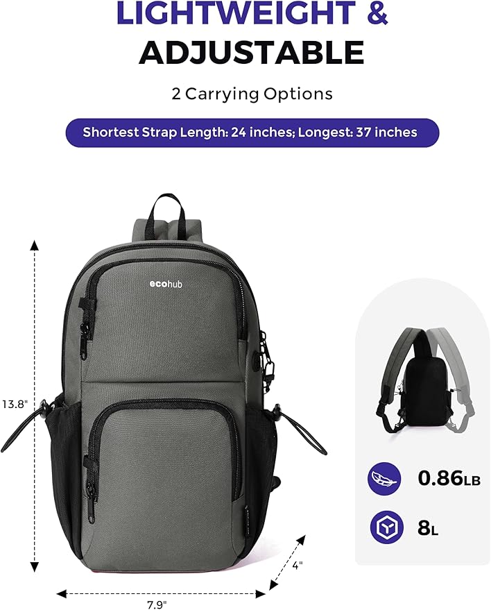 ECOHUB Crossbody Bags for Women Men, Anti-Theft RFID Blocking Sling Backpack Water Resistant Chest Shoulder Daypack, Grey