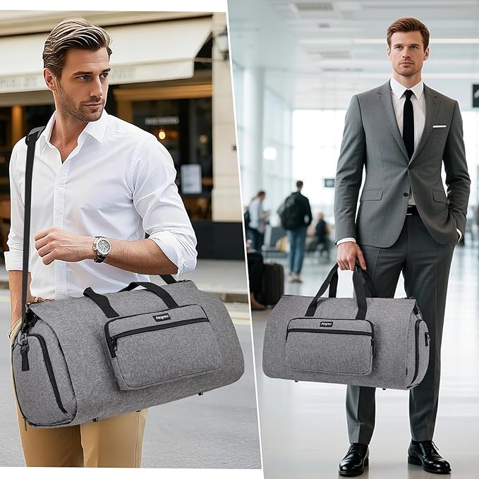 Garment Bag for Travel, Large Convertible Carry on Garment Duffel Bag for Men Women with Shoe Compartment, 2 in 1 Hanging Dress Suitcase Suit Travel Bags, Grey