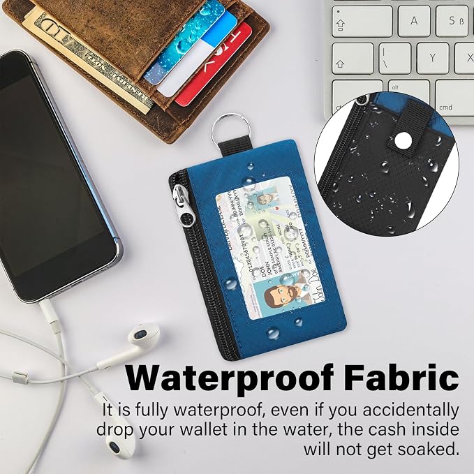 Minimalist RFID Wallet with Lanyard, Multi-Functional ID Case with 2 Zipper Pockets and Key Chain for Men and Women, Tactical Badge Pouch Cards Holder, Coin Purse for Travel Sports-Black+Blue