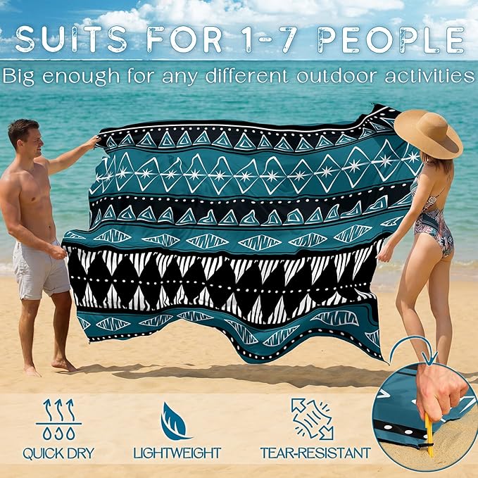 BYDOLL Beach Blanket Waterproof Sandproof Large Sand Free,78''X81''/10'X9' Oversized Sandless Lightweight Blanket Picnic Mat for Beach Travel Camping Hiking with Stakes