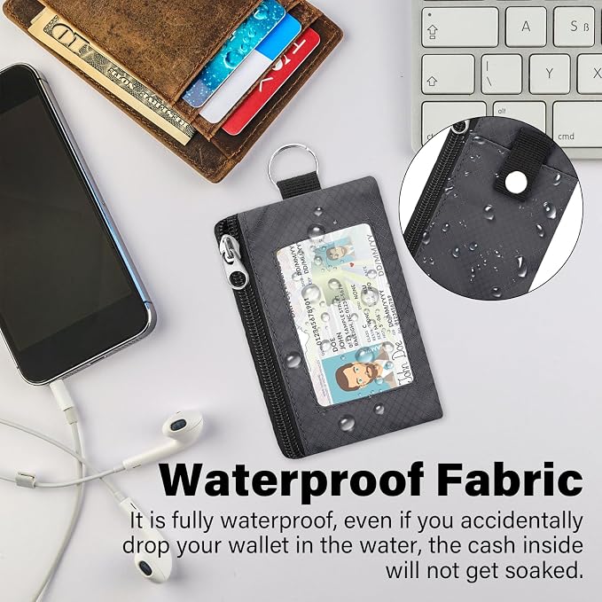 Minimalist Small Wallet for Men Women with 2 Zip Pockets, Multi Functional ID Case with Keychain and Card Holder, Coin Purse Badge Lanyard Pouch for Boys Girls Travel -Gray