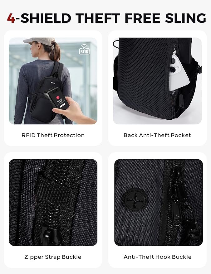 ECOHUB Crossbody Bags for Women Men, Anti-Theft RFID Blocking Sling Backpack Water Resistant Chest Shoulder Daypack, Black
