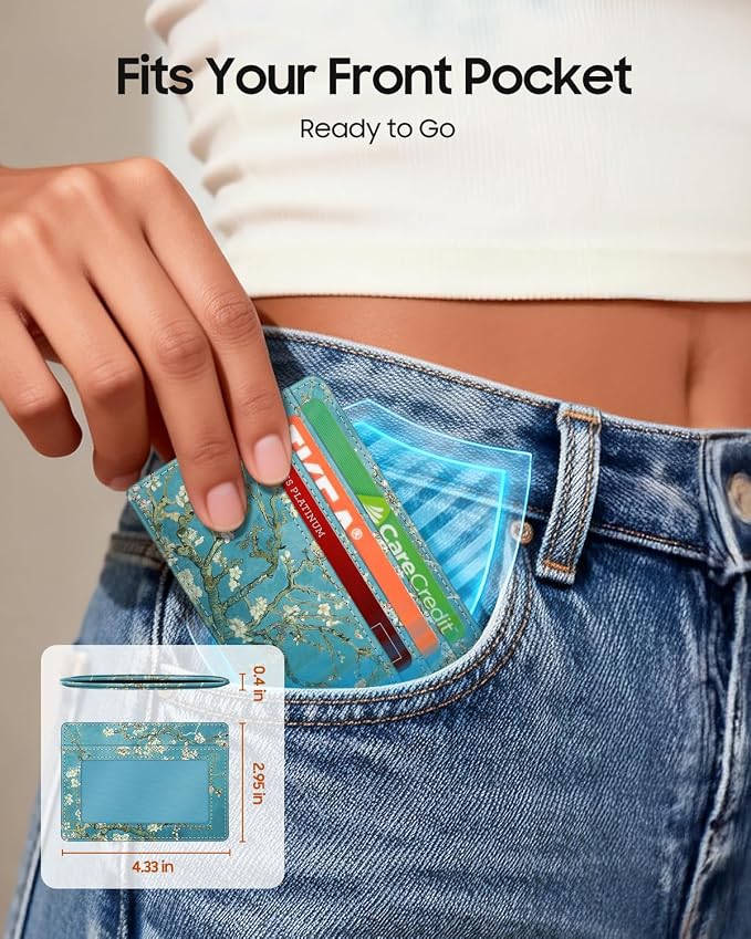 FINTIE Slim Minimalist Front Pocket Wallet, RFID Blocking Credit Card Holder Card Cases with ID Window for Men Women, blossom