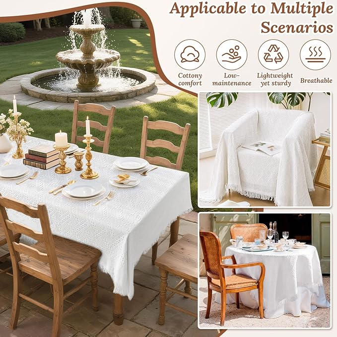 134 x 91 Extra Large White Outdoor Picnic Blanket, Woven Cotton Yarn Oversize Portable Blanket with Fringe for Camping, Lawn or Wedding Photoshoot. Indoor Bohemia Decorations, Machine Washable