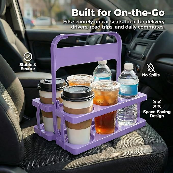 6 Cup Drink Carrier for Delivery - Foldable Drink Holder with Handle, Reusable Cup Carrier for Drinks, Portable Beverage Caddy Accessories for Parties, Camping, Car, Coffee & Bottles (Lavender)