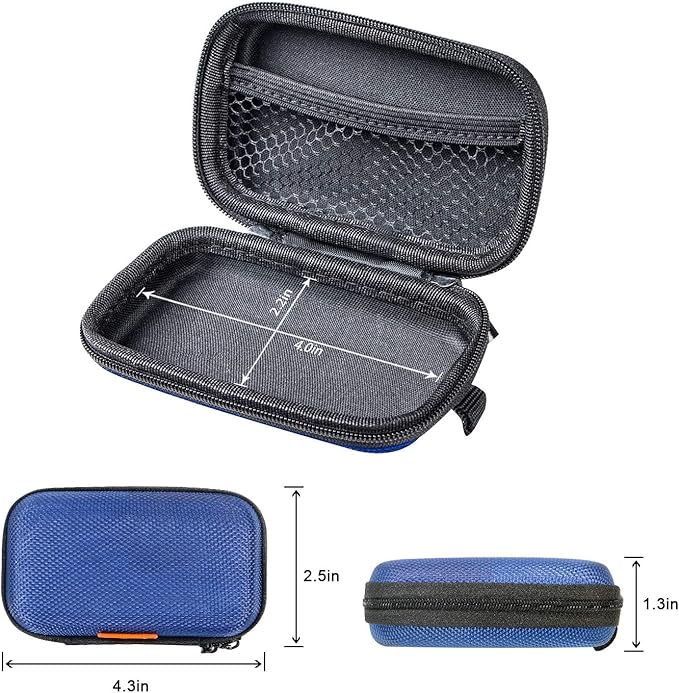 Earbud Carrying Case - Rectangle Shape Small Hard EVA Case, Mesh Inner Pocket, Durable Exterior - Lightweight Portable Universal Zipper Storage Bag for Wired Bluetooth Headset, Charger - Blue