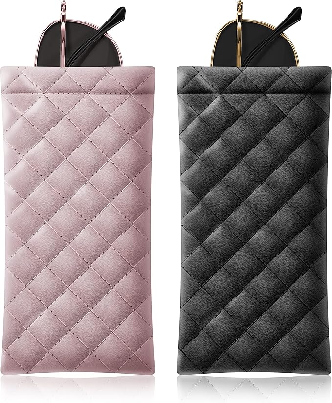 Squeeze Top Sunglass Pouch - Portable Sunglass Organizer Pouch Bags Soft PU Leather Glasses 2 Pack