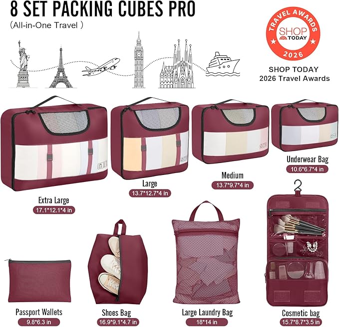 Veken 8 Set Packing Cubes for Travel Essentials,Anti-Wrinkle Buckled Suitcase Organizer for Shoe & Toiletry Bag,Carry On Luggage Bag for Airplane & College Dorm Room Accessories,Women Men Gifts,Wine