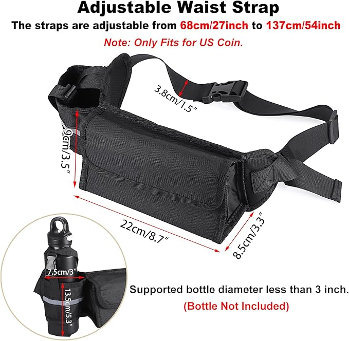 BSTKEY US Coin Holder Coin Dispenser with Water Bottle Holder, Fanny Pack with Banknote Waiters Purse Coin Sorter Coin Organizer, Black Coin Storage Bag with Belt for Waitress Serve Hiking Walking
