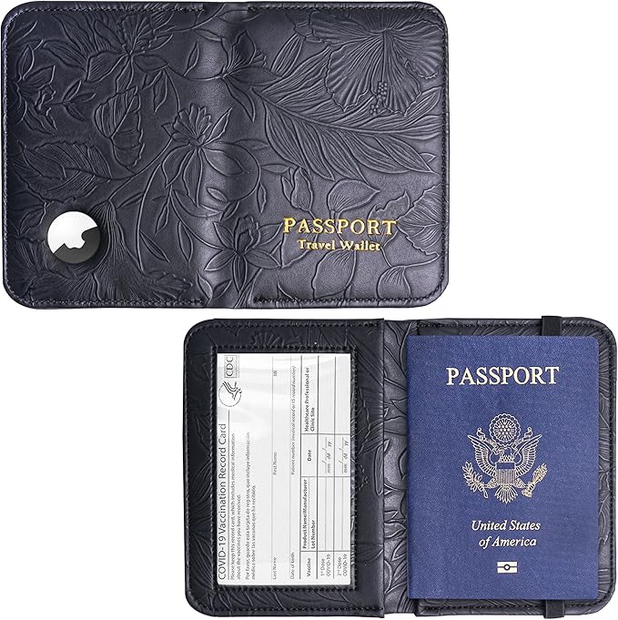 lizimandu Passport Holder with Airtag Slot, Airtag Passport Wallet for Men Women, Slim Leather Passport Holder Case Family for Travel Anti-Lost(1-Carved Black)