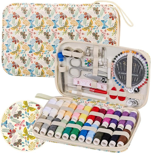 Bobode 130 PCS Professional Printing Sewing Kit | Butterfly Pattern Travel Sewing Kit for Adults, Sewing Supplies Accessory for Beginners & Emergency