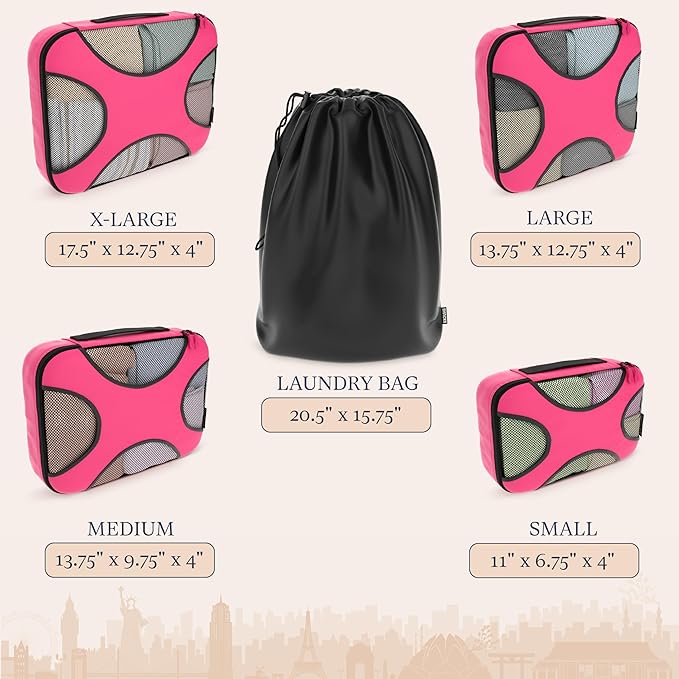 Shacke 5 Set Packing Cubes for Travel – Luggage Organizer & Suitcase Bags with Laundry Bag, Carry On Packing Organizer, Travel Accessories for Women Men (Precious Pink)