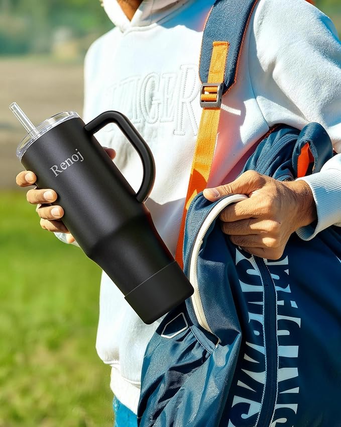 Renoj Insulated Mug 100% Spill Resistant Insulated Water Bottle for Iced Coffee & Hot Drinks - Fits Car Cup Holder, Ideal Gift, 2 Straws & Silicone Boot - FlexSlide White 32 oz
