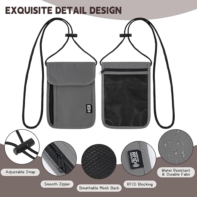 Likesing 5.5" L x 7.9" W Travel Neck Wallet, RFID Blocking Passport Holder, Security Lightweight Passport Travel Wallet, Neck Pouch Gifts for Women Men(Grey)