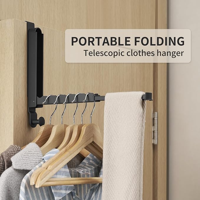 RFOUO Clothes Drying Rack Foldable Fit Door up to 1 3/8" Optimal 1pc,Over The Door Hanger with Retractable Rod,Over The Door Hanger Hooks for Laundry Bathroom Bedroom Travel Hangers(Black, 1 Pack)