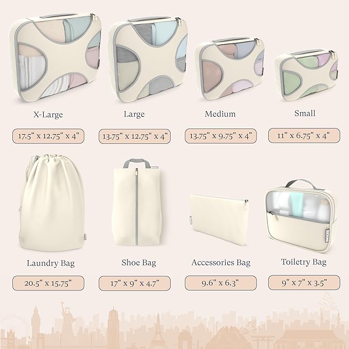 Shacke 8 Set Packing Cubes for Travel – Complete Luggage Organizer Set with Laundry, Shoe, Toiletry & Accessories Bag, Suitcase Travel Organizer (Sand)