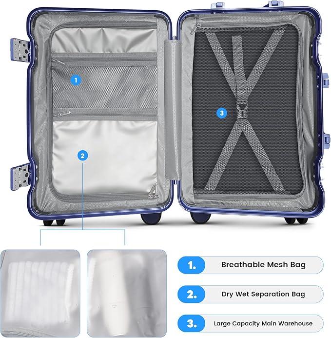 20 Inch Carry on Luggage with Cup Holder, Airline Approved 22x14x9 Aluminum Frame PC Hard Shell Suitcase, 360° Spinner Wheels, TSA Lock for Short Trips and Business Travel