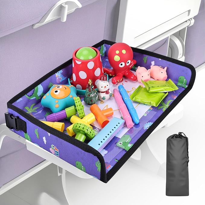 Kids Tray Table Cover, Airplane Tray Cover with Pockets, Airplane Travel Essentials for Kids, Portable Airplane Must Haves for Toddler on Plane or Train and Flying Supplies (Blue)