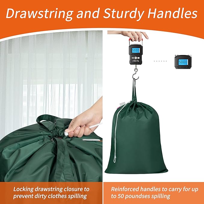 Polecasa Extra Heavy-Duty Laundry Bag 28x36”- Machine Washable Large Storage Bag with Reinforced Handles & Drawstring Closure & ID Tag for College Dorm Travel - Green
