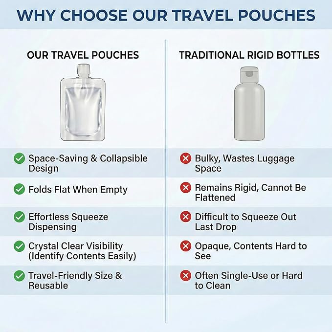 Travel Pouches for Toiletries, 13 Pack TSA Approved Refillable Travel Liquid Pouches, Flat Travel Bottles for Toiletries, Reusable 3oz Portable Containers with Funnel, Labels & Clear Carry On Bag
