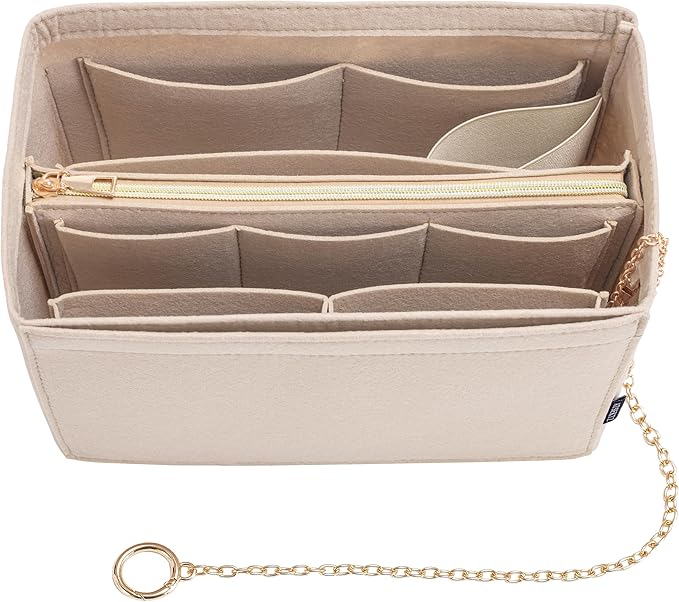 Purse Organizer Insert, Handbag Organizer with Zipper, Tote Shaper with Cup Holder & Keychain, Compatible with LV, Neverfull, MK, COACH, Longchamp, Kate Spade – Beige-Lg