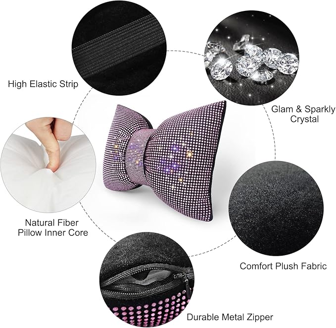 surpassme 2PCS Rhinestone Car Headrest Neck Pillow for Driving with Bling Bling Crystal Bow Pillow Car Accessories for Women (Pink)