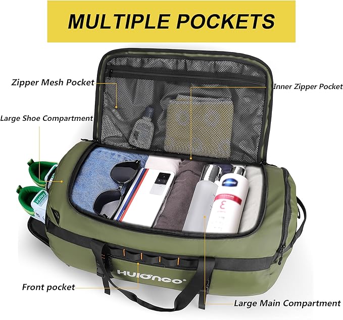Hulongo 40L/60L/90L Large Waterproof Duffle Bag Backpack for Men, Mens Duffel Backpack Bags for Traveling, Heavy Duty (Green, 60L)