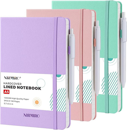 Journal Notebook for Women Men, A5 (5.7"x8.4"), 3 Pack 160 Pages Hardcover Lined Journaling Notebooks with Pen, 100GSM Paper, for Work, Writing, Travel, School Office Supplies, Pink Purple Green