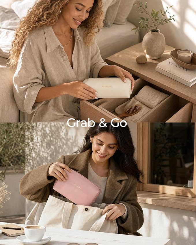 BAGSMART Makeup Bag Travel 3 Pcs Set Cosmetic Bag, Large Make Up Bag Flat Open Toiletry Bag for Women, PU Leather Travel Essentials Organizer Case, Wide-open Pouch for Skincare, Brushes, Coffee Brown