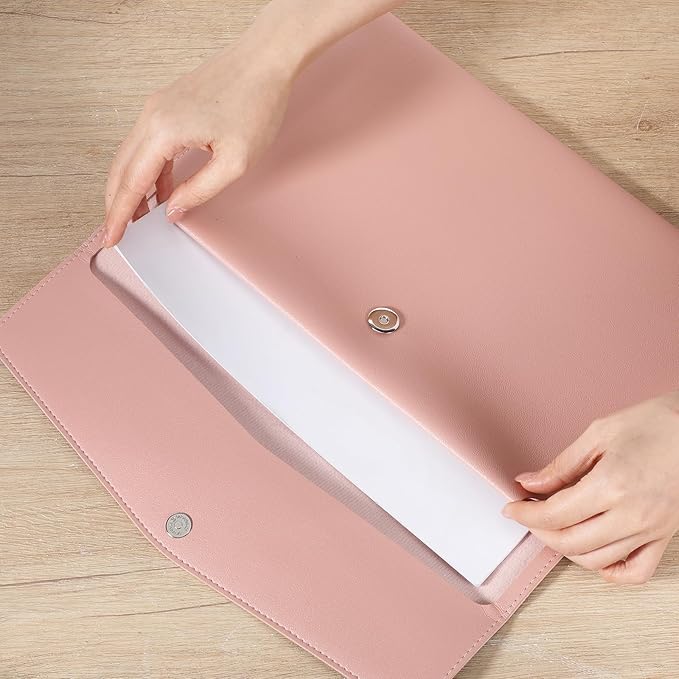 Leather Document Folder, A4 File Document Holder Waterproof Portfolio Envelope PU Leather Folder Case with Snap Button Closure for Letter Size, Travel, Resume, Pink