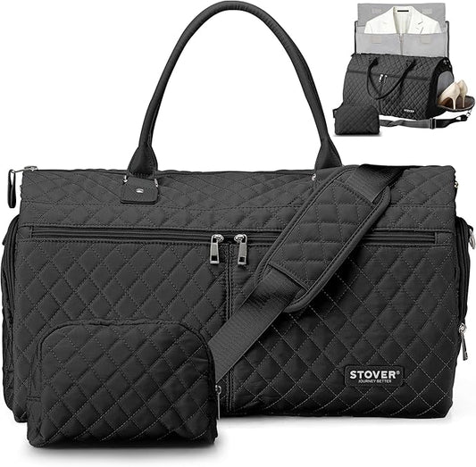 STOVER Women’s Convertible Garment Duffel Bag for Travel – 2-in-1 Carry-On Weekender/Overnight Tote - Wrinkle-Free Dresses, Suits & Clothes + Shoe Compartment & Bonus Toiletry Bag (Onyx Black)