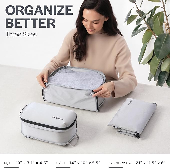 Aerotrunk Ultralight Compression Packing Cubes - Lightweight Travel Organizers for Suitcases and Luggage (3-Pack, Light Grey)