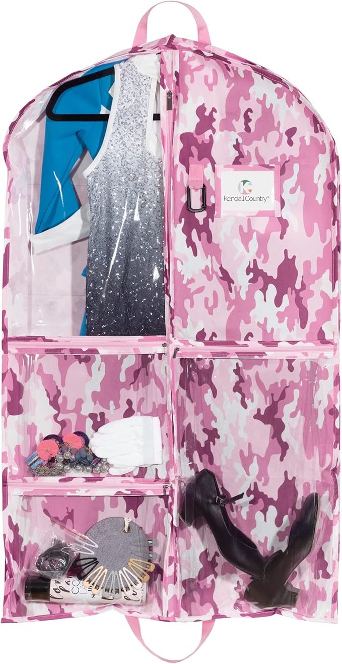 Waterproof Hanging Garment Bag 40 inch Clothes Bag with Gusset, 5 Pockets & Side Zip for Dance Costumes, Cheer, Skating, Theatre, Beauty Pageants & More by Kendall Country, Camo Pink