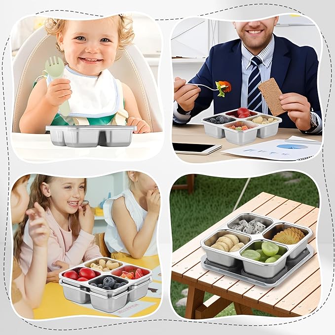 BEFOY 4-Pack Stainless Steel Snack Containers – 4 Compartment Leak-Proof Bento Box for Meal Prep, School, Picnic & Travel – Nestable & Reusable for Kids & Adults (grey, 2)