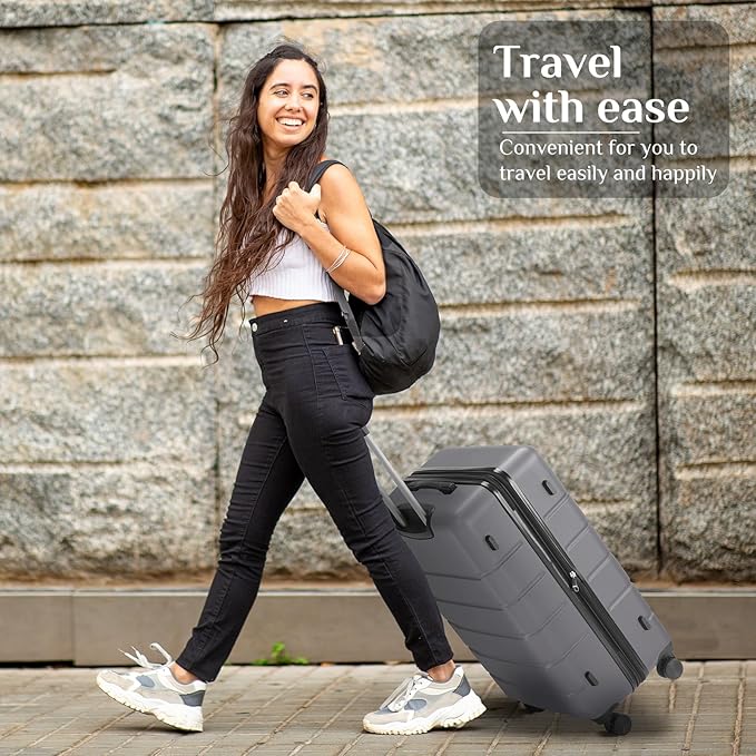 NEWBULIG 28 Inch Checked Luggage, ABS Hard Shell Lightweight Rolling Expandable Suitcase with Smooth Spinner Wheels and TSA Lock for Business Trips and Daily Vacations, Dark Grey