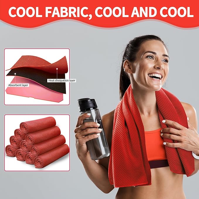 Honoson 10 Pcs Cooling Towel Bulk - Neck & Face Cool Chilly Towels Microfiber Breathable Sport Sweat Rag for Gym, Yoga, Travel, Camping, Running, Outdoor (Red)