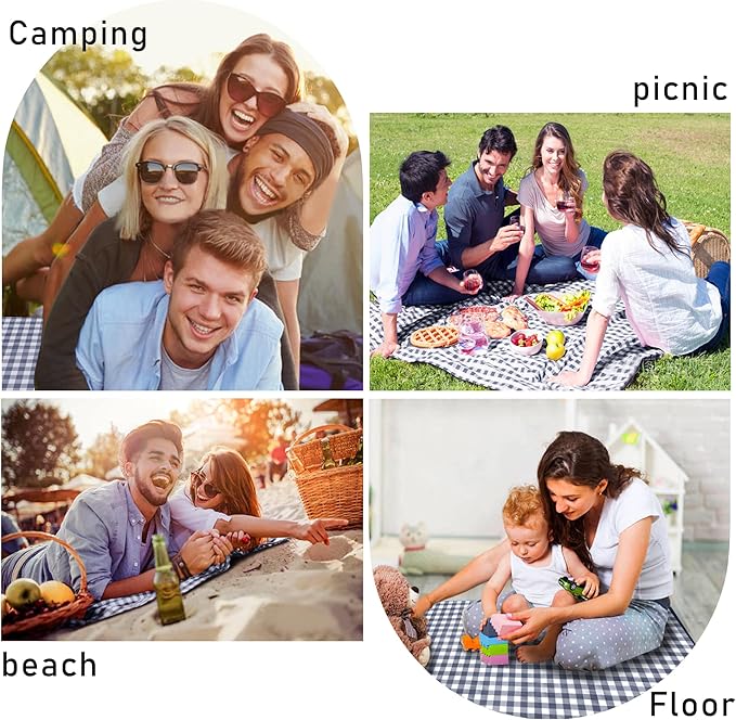 SAMSIER Outdoor Picnic Blankets Waterproof Foldable Sandproof, Large Gingham Cute Picnic Mat Washable Portable for Park Beach Camping Courtyard (Navy Blue, 60"×80")