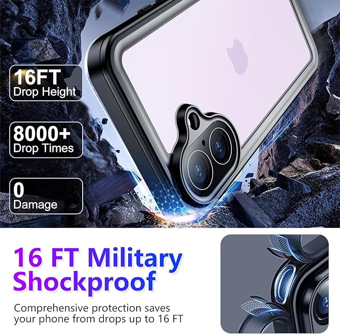 Compatible with iPhone 17 Case,Waterproof Built-in Screen & Camera Protector IP68 Underwater Full Body 17FT Military Dropproof Shockproof Phone Case 6.3"-Purple/Clear