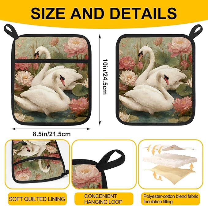White Swan and Vintage Flowers Pot Holders with Pockets 2 PCS, Heat Resistant Oven Mitts Hot Pads for Kitchen Baking Cooking, Square Thick Pot Holders Kitchen Hot Potholders, 8.5x10 Inches