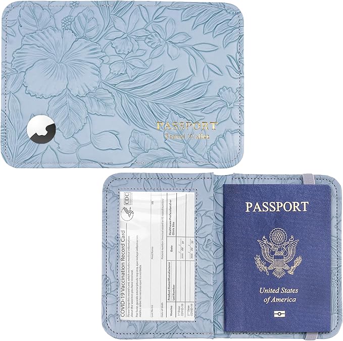 lizimandu Passport Holder with Airtag Slot, Airtag Passport Wallet for Men Women, Slim Leather Passport Holder Case Family for Travel Anti-Lost(1-Carved Light Blue)