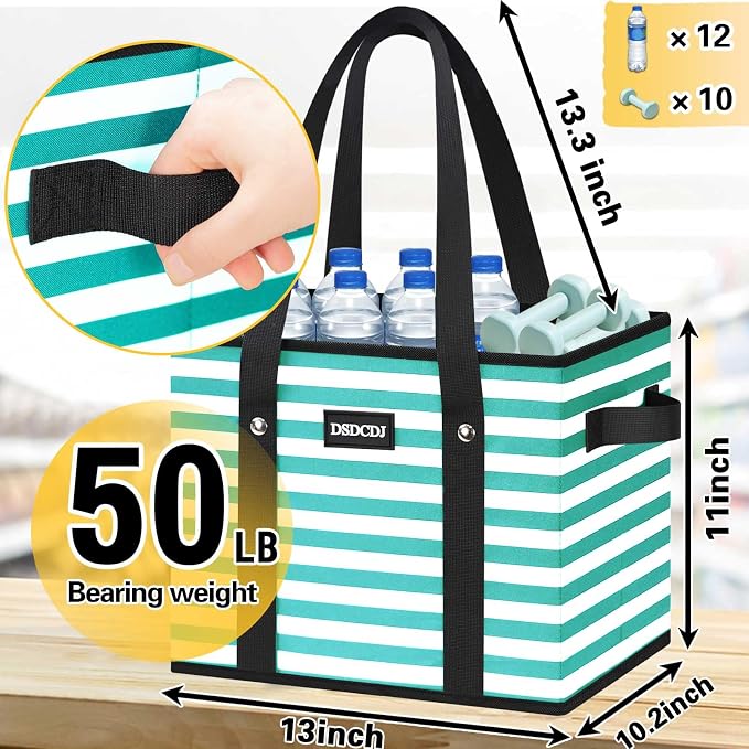 Reusable Grocery Bags 3 Pack - Heavy Duty Reusable Shopping Bags with Hard Bottom & Long Handles, Foldable Utility Tote Bag with Box Shape to Stand Up, 13x10.23x11in, Stripe Green