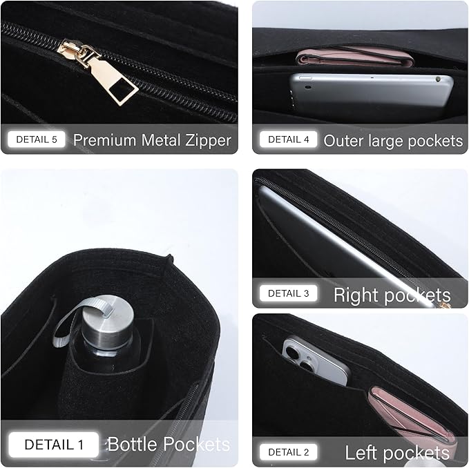 Premium Felt Purse Organizer Insert for Longchamp Le Pliage, Zipper Long Champ Bag Organizer Insert with Cup Holder, 9 Compartments,S/Black